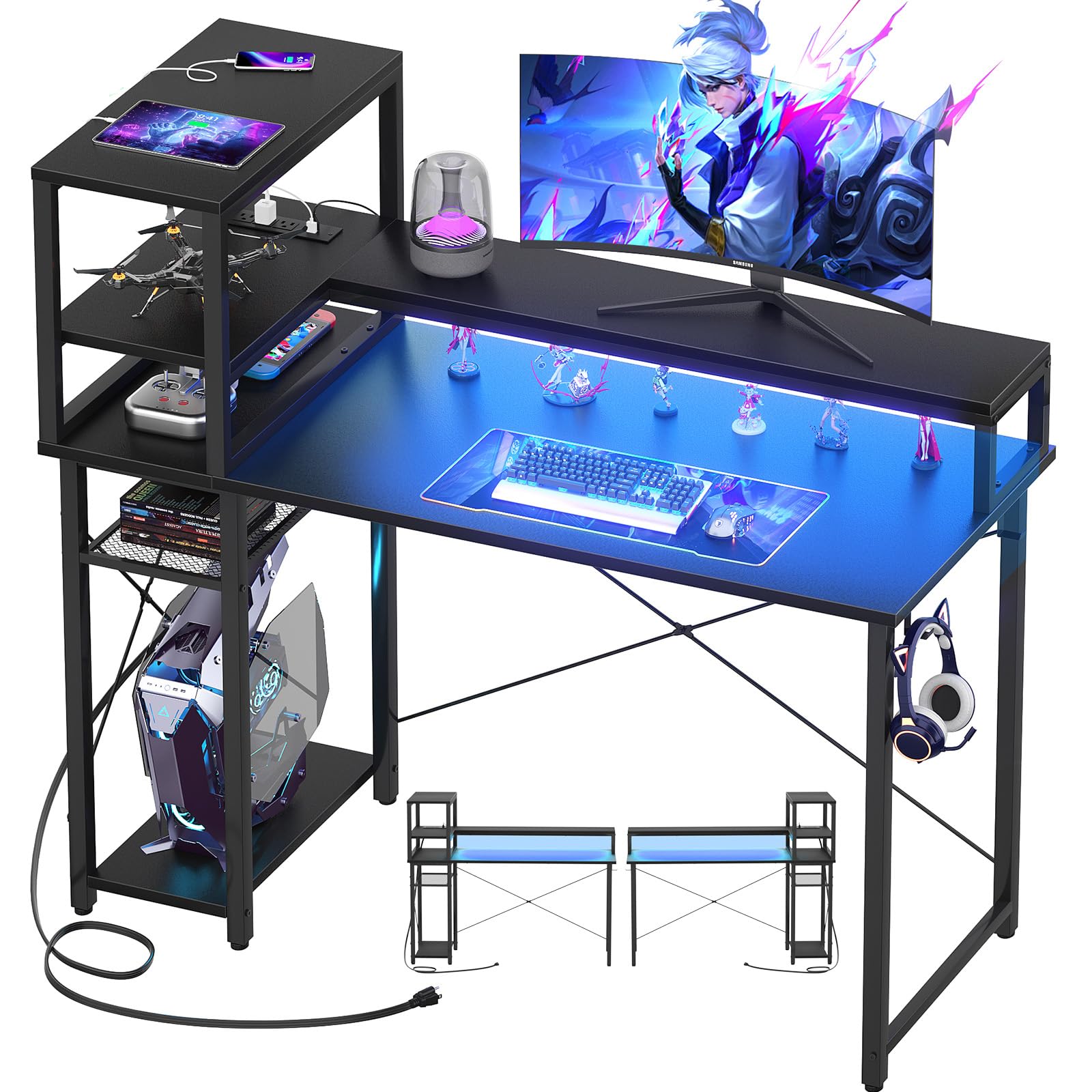 iSunirm Small Gaming Desk with Storage, 39" Computer Desk with LED Lights, Home Office Desk with Adjustable Shelves & Power Outlets, Gaming Computer Desk with Monitor Stand for Small Spaces, Black