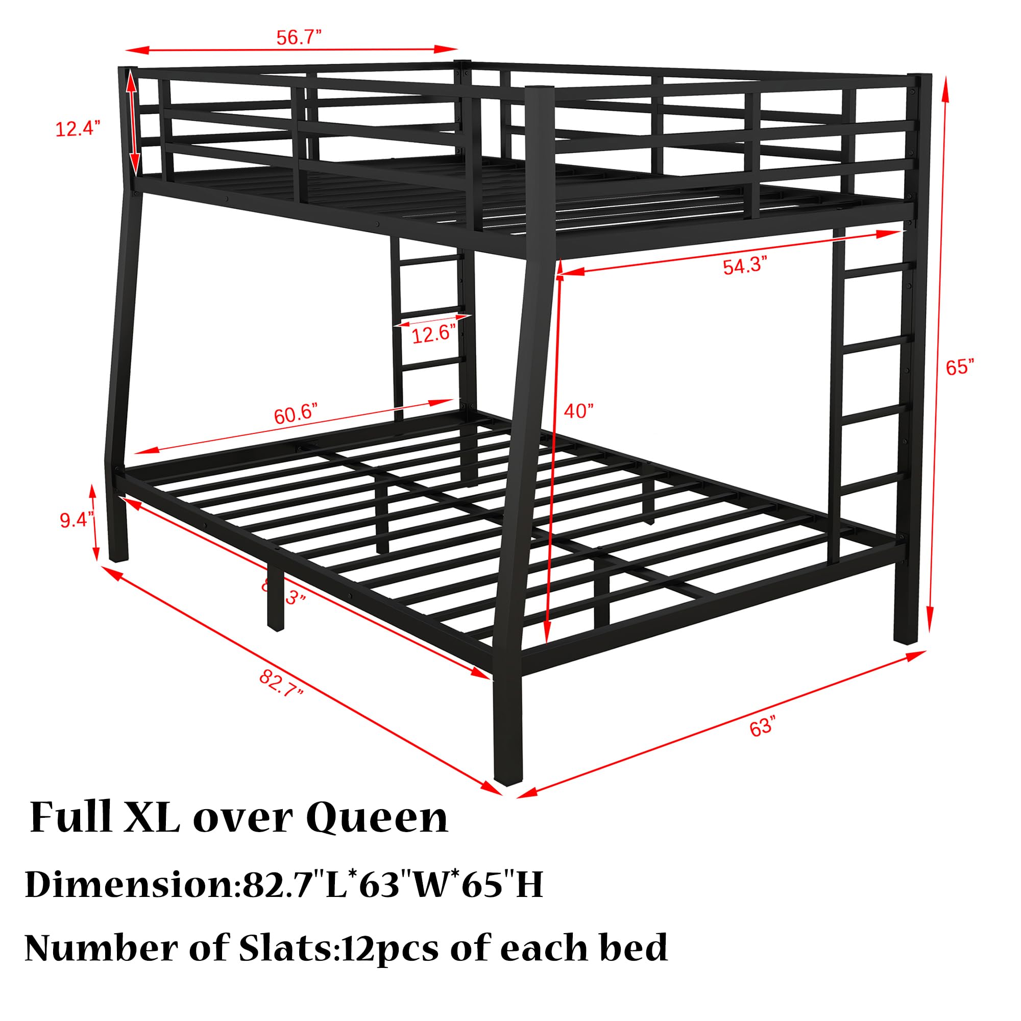 Bellemave Full XL Over Queen Metal Bunk Bed for Adults,Heavy-Duty Bunk Bed with 2 Ladders,Full Over Queen Bunk Beds,Space-Saving Bunk Bed for Kids/Teens/Adults,Noise-Free,Black