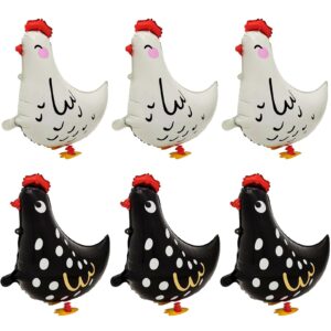 generic 6pcs walking pet chicken foil balloons for kids gift,standing animal mylar balloon,supplies animal theme birthday party decorations baby shower (3pcs white chicken 3pcs black chicken)