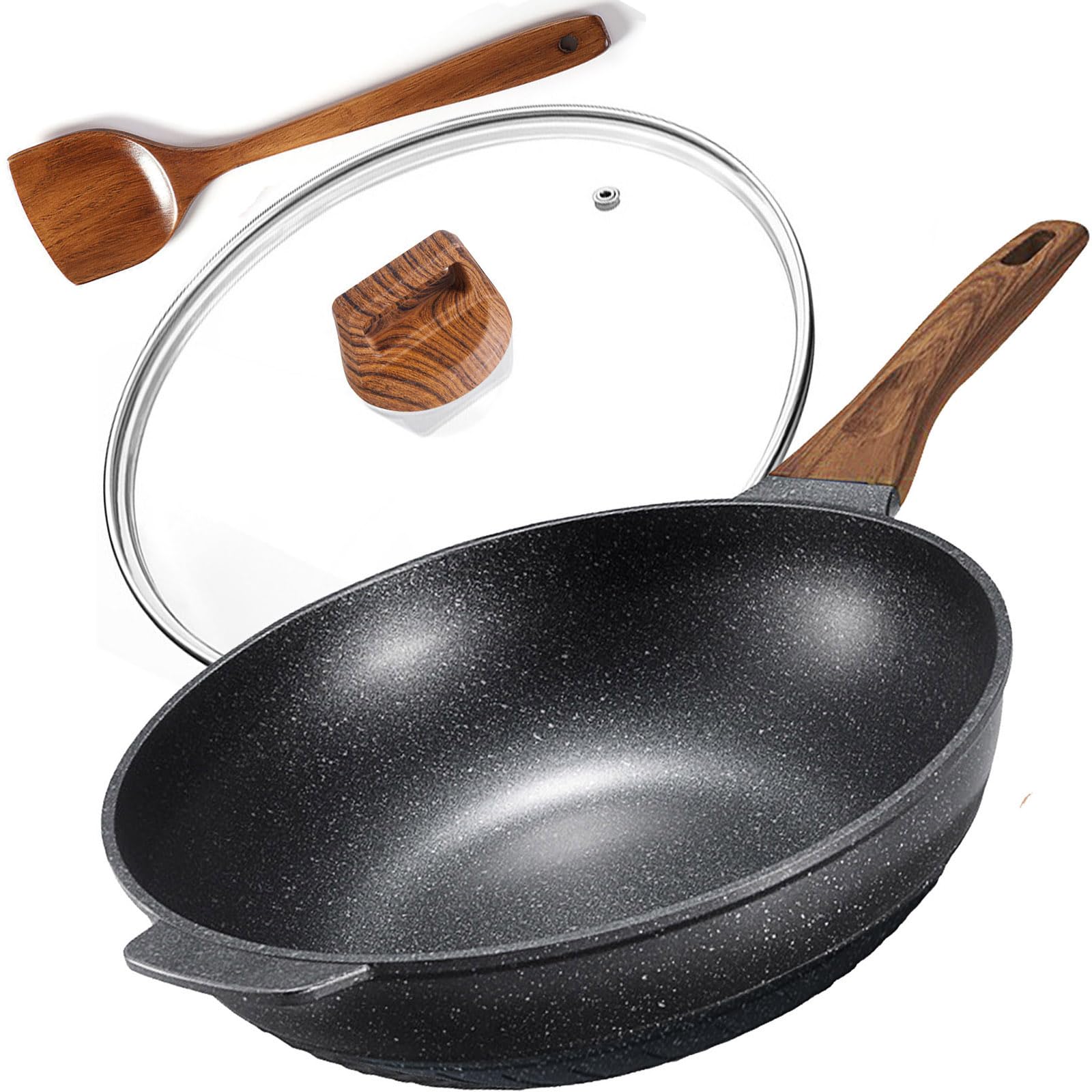 Feipone Non Stick Wok Pan with Lid, 12.5 In Granite Stir Fry Pan for Cooking, 32 cm 6 Q Wok with Induction Bottom for Glass, Ceramic, Gas Stove Top, PFOA Free (FP-W-A1)