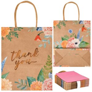 DjinnGlory 25 Pack 10x8x4 Inch Medium Sized Brown Kraft Floral Paper Gift Bags with and 25-Sheet Pink Tissue Paper for Birthday Wedding Baby Shower Party Treats, Goodies, Christmas Gifts (Thank You Design)