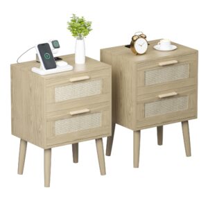 ltysh night stand set 2, rattan nightstand with charging station, bedside table with usb ports & outlets bed side table,end table for bedroom,living room(nature wood color-set of 2)