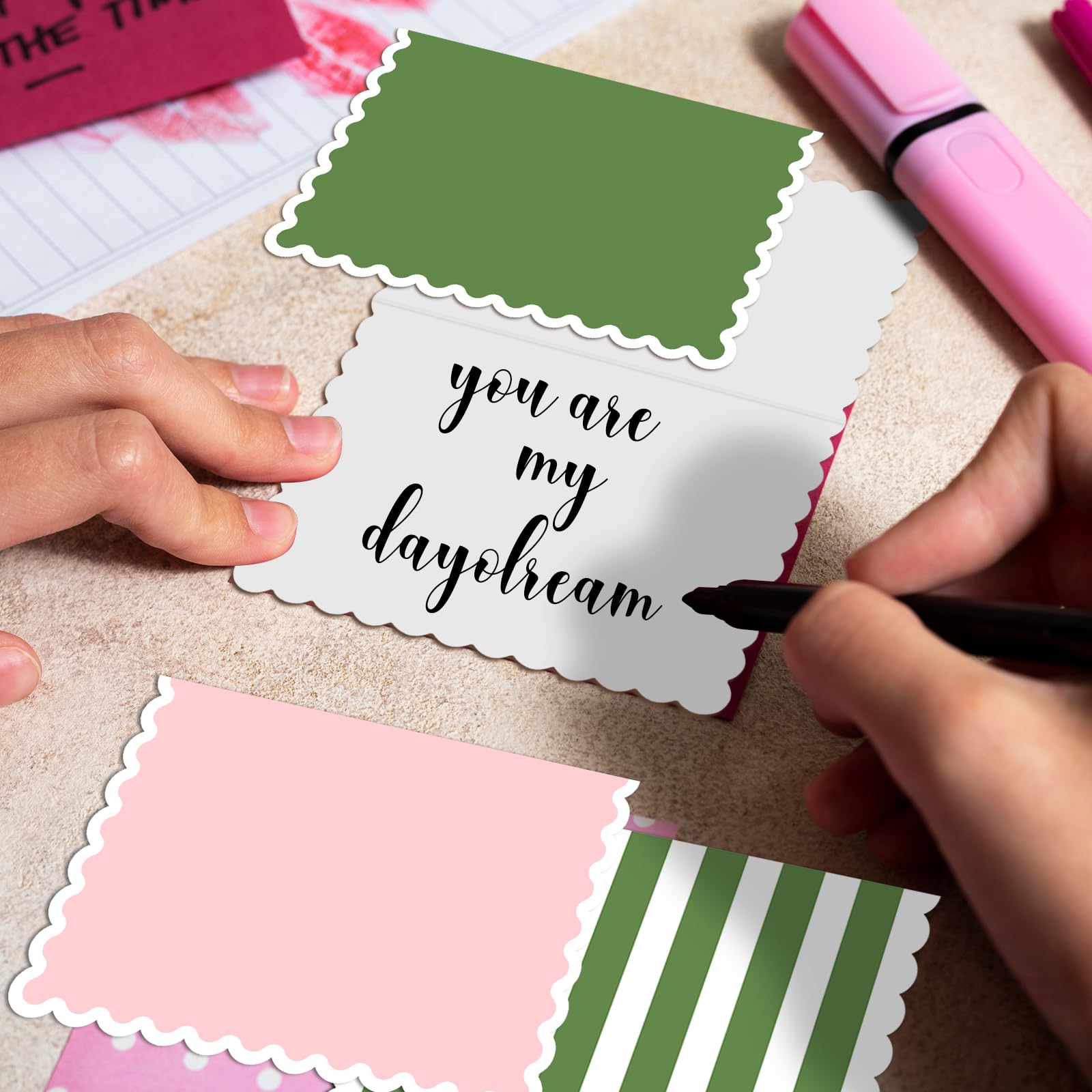 AZAZA Blank Cards and Envelopes 24 Pack,3.5x5 Mini Striped Greeting Cards,Blank Note Cards for Baby Shower,Wedding Thank You Cards,Bridal Shower,Small Quick Notes (Pink and Green)