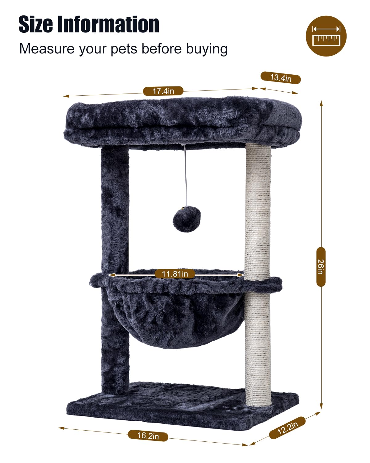 SYANDLVY Small Cat Tree for Indoor Cats, Activity Cat Tower with Scratching Post for Kittens, Cat Condo & Furniture with Basket & Hanging Ball for Play Rest