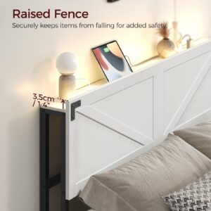 MAHANCRIS King Size Headboard Only, Headboard with 2 Outlets and 4 USB Ports, Farmhouse Headboard, with LED Lights, Secure Storage with Raised Fence, with Bed Frame Adapter, White and Black