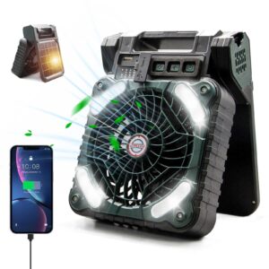 10400mah solar camping fan, high power rechargeable portable fan with led, used as a emergency power to charge mobile phones in outdoor, picnic, fishing