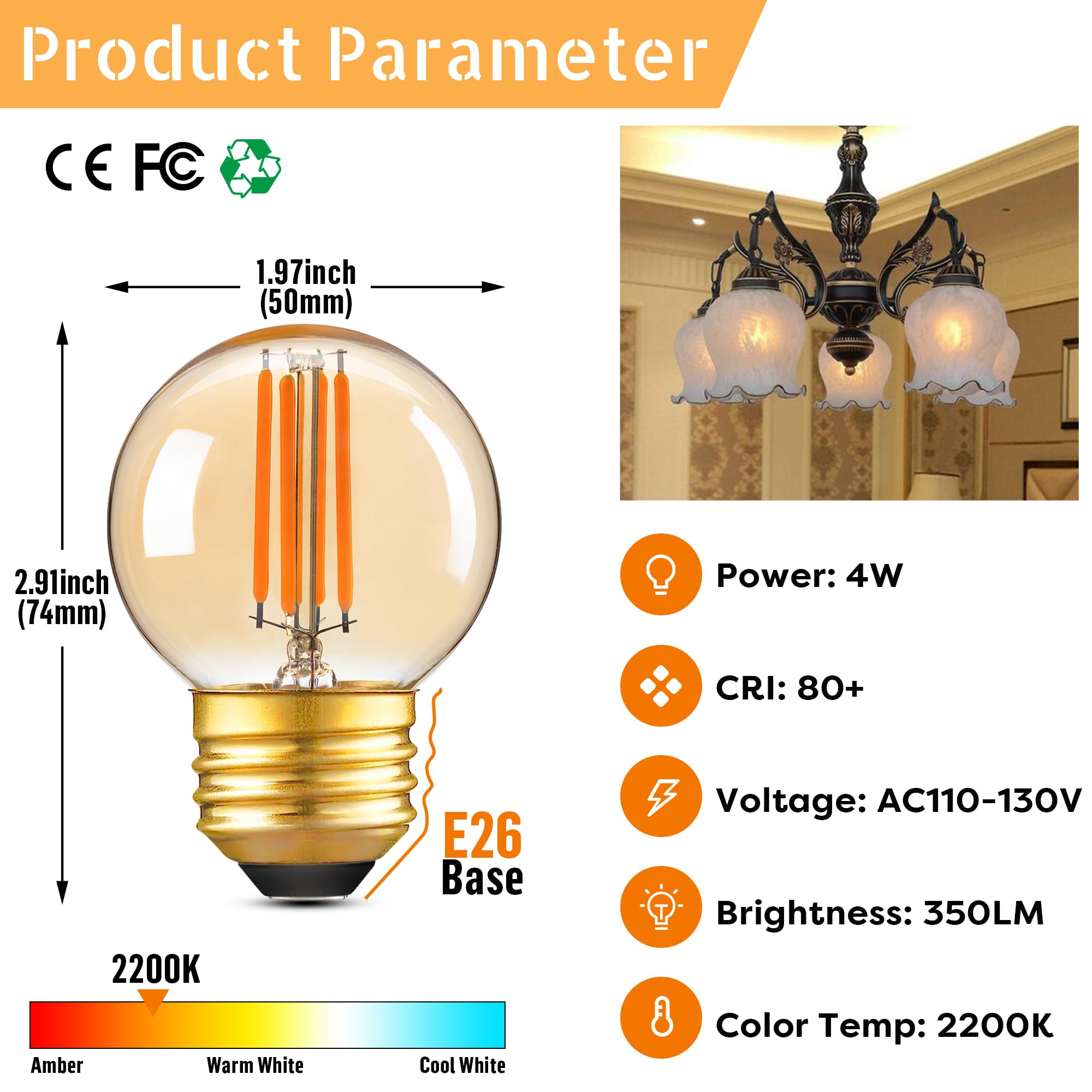 Dimmable Amber Light Bulb E26 Edison LED Light Bulb,G16.5/G50 Small Globe Filament Amber Night Light Bulb 4W,AC120V Warm White 2200K 350LM,Decorative Bulbs (Straight Filament 4W E26, 2 Pack)