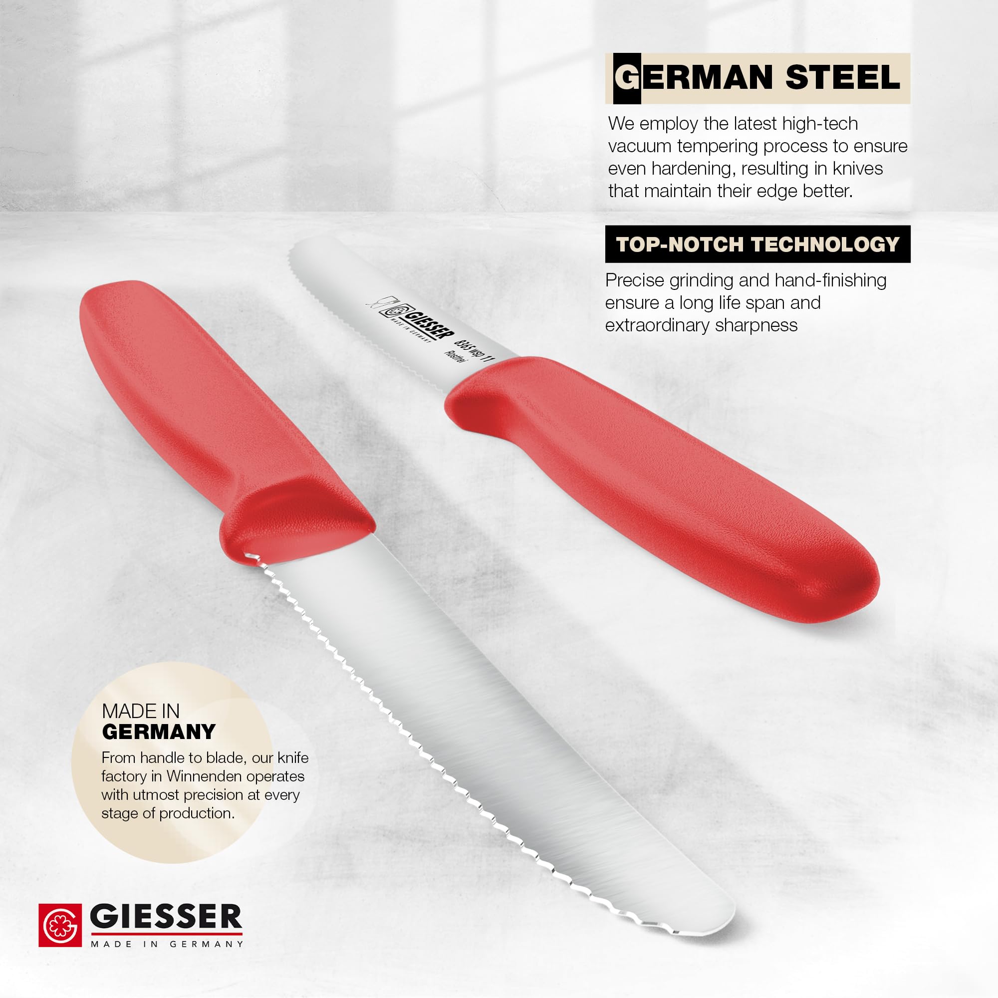 Giesser since 1776, Made in Germany, Red serrated Utility kitchen knives round tip dishwasher safe 4.5 inch - paring knife, Tomato knife, Steak knife, restaurant knife (Single)