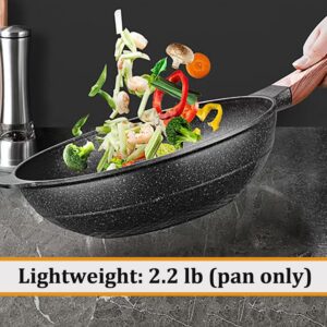 Feipone Non Stick Wok Pan with Lid, 12.5 In Granite Stir Fry Pan for Cooking, 32 cm 6 Q Wok with Induction Bottom for Glass, Ceramic, Gas Stove Top, PFOA Free (FP-W-A1)