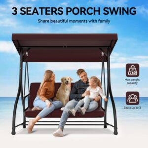 3-Seat Patio Swing Chair Outdoor Porch Swing with Adjustable Canopy, Patio Swings Glider with Removable Cushion for Porch, Backyard, Garden, Poolside, Balcony - Brown