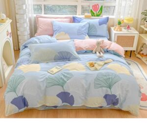 generic 100% cotton duvet cover set for king queen and twin, full size blue leaf print double bed quilt cover with 2 pcs pillowcase with zipper closure (full)