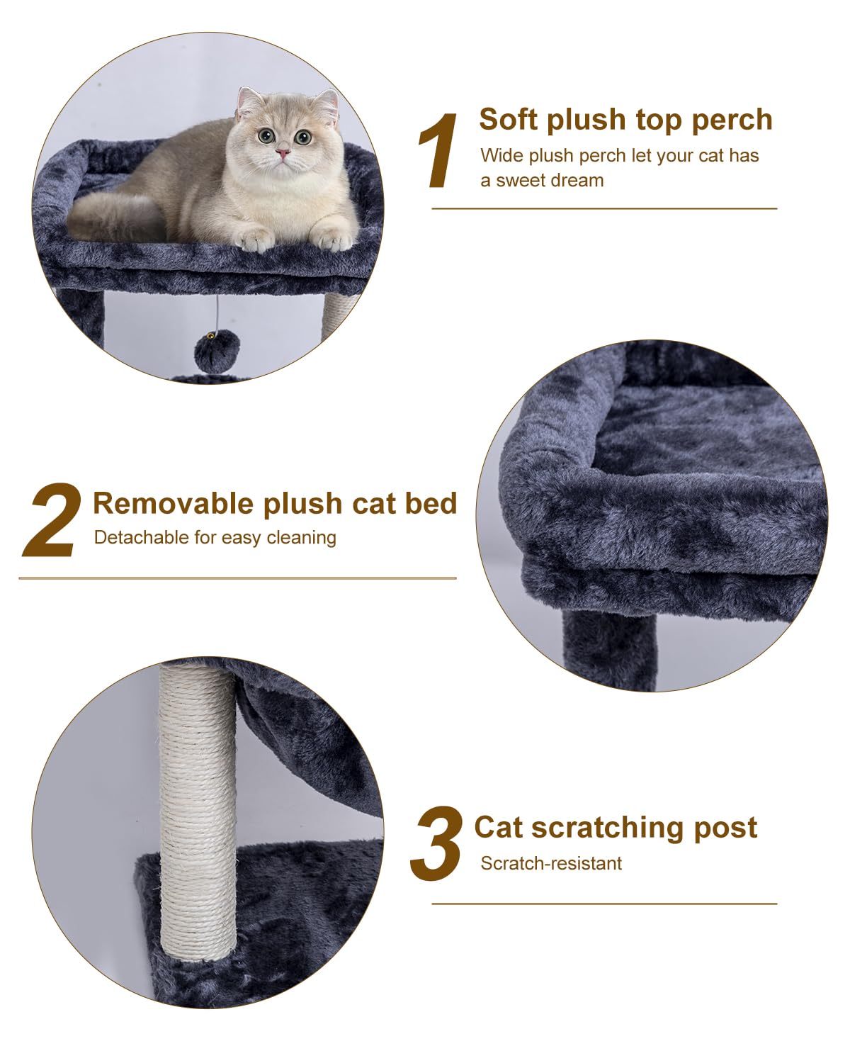 SYANDLVY Small Cat Tree for Indoor Cats, Activity Cat Tower with Scratching Post for Kittens, Cat Condo & Furniture with Basket & Hanging Ball for Play Rest