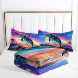 AILONEN Jumping Dolphin Comforter Set Full Size, Cartoon Dolphin Bed in a Bag for Kids Girls,Saltwater Bedding Set,Rainbow Starry Night Duvet Set,3 PCS,1 Quilt and 2 Pillowcases