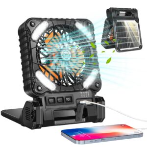 hywecy 10000mah solar& type-c charging camping fan,4 speeds powerful wind with led lantern,cordless desk portable fan with 3 timer & powerbank for travel tent worksite