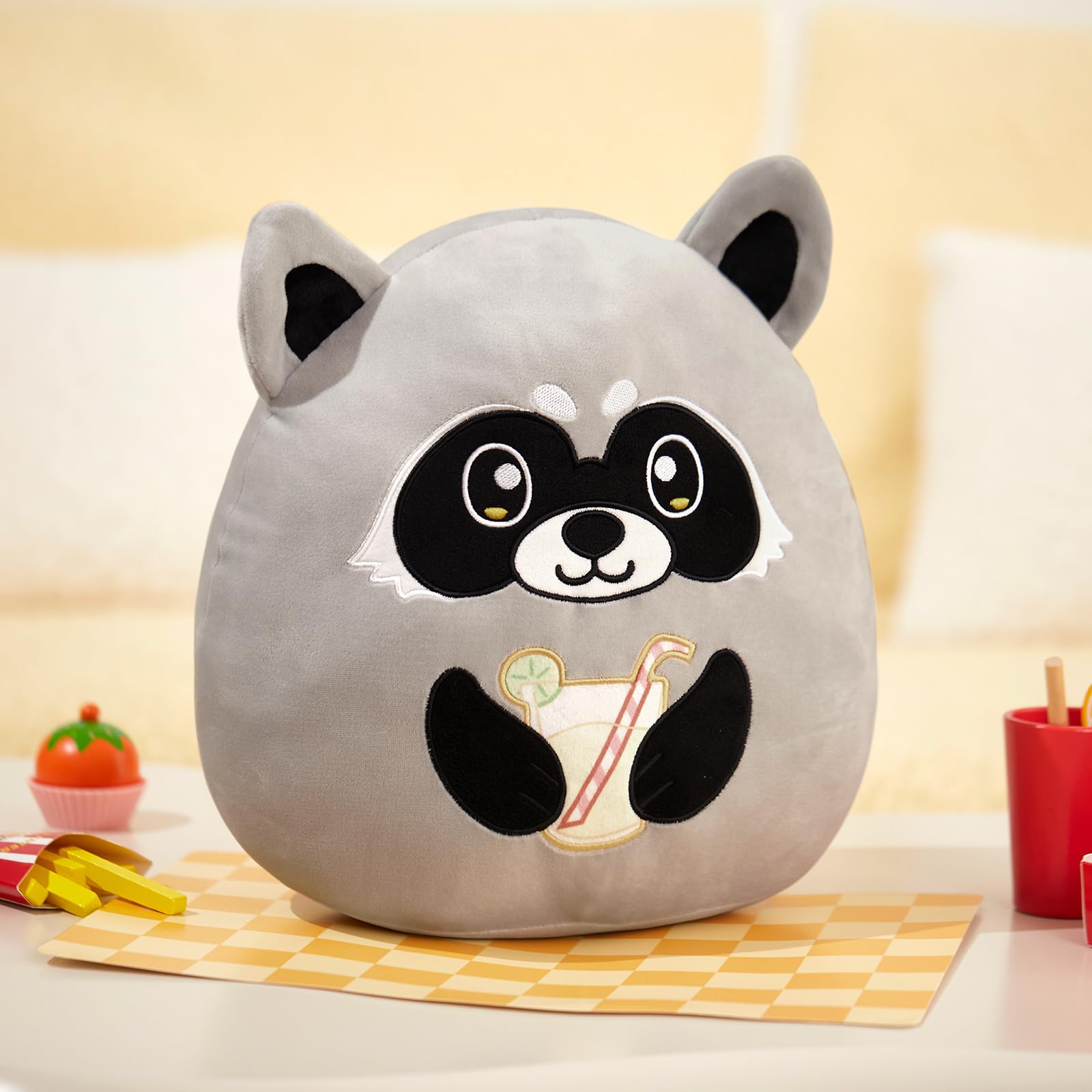 Glow Guards 12-Inch Raccoon Plush Pillow Cute Raccoon Stuffed Animal Soft Raccoon Plush Toy Holding Juice, Birthday Raccoon Gift for Boys Girls Kid