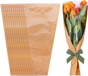 50pcs flower wrapping bags kraft paper with ribbon floral packing sleeves bouquet bags clear flower wrapping sleeves for wedding birthday graduation anniversary mother's day gift, 9.8x3.9x17.9 inch