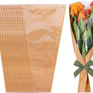 50Pcs Flower Wrapping Bags Kraft Paper with Ribbon Floral Packing Sleeves Bouquet Bags Clear Flower Wrapping Sleeves for Wedding Birthday Graduation Anniversary Mother's Day Gift, 9.8x3.9x17.9 Inch