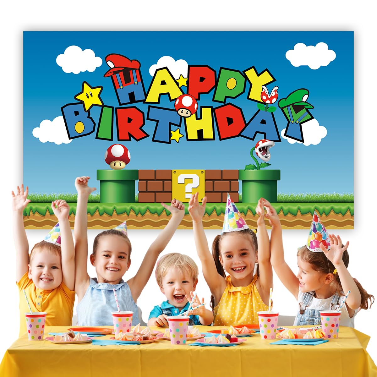 Mario Happy Birthday Party Backdrop, Baby Shower Cake Table Decoration Supplies, Mario Themed Banner (5X3FT)