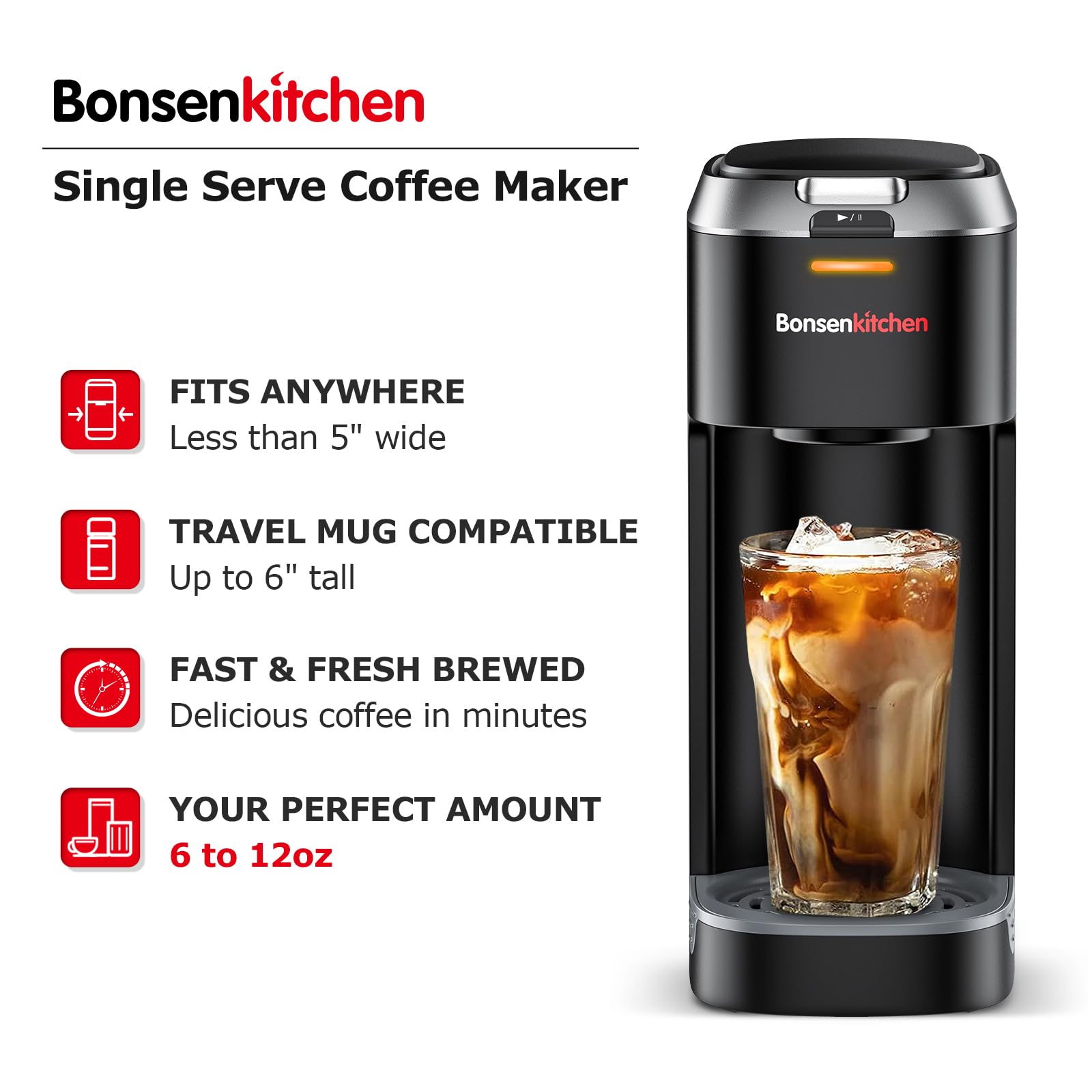 Bonsenkitchen Single Serve Coffee Maker, Coffee Brewer for K Cup Capsule, Fast Brewing Coffee Machine, 6 to 12oz Brew Sizes, Sleek Space Saving Design