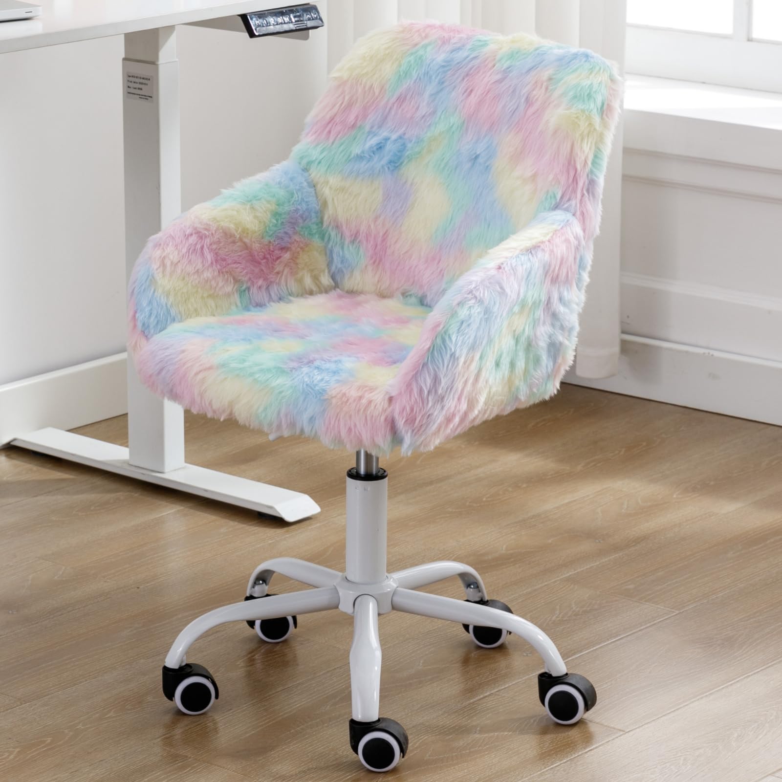 LukeAlon Kids Adjustable Desk Chair, Furry Study Chair with Swivel Base Cute Faux Fur Reading Chair Comfy Upholstered Computer Chair with Arms for Girls Children, Light Colorful