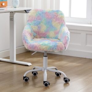 LukeAlon Kids Adjustable Desk Chair, Furry Study Chair with Swivel Base Cute Faux Fur Reading Chair Comfy Upholstered Computer Chair with Arms for Girls Children, Light Colorful