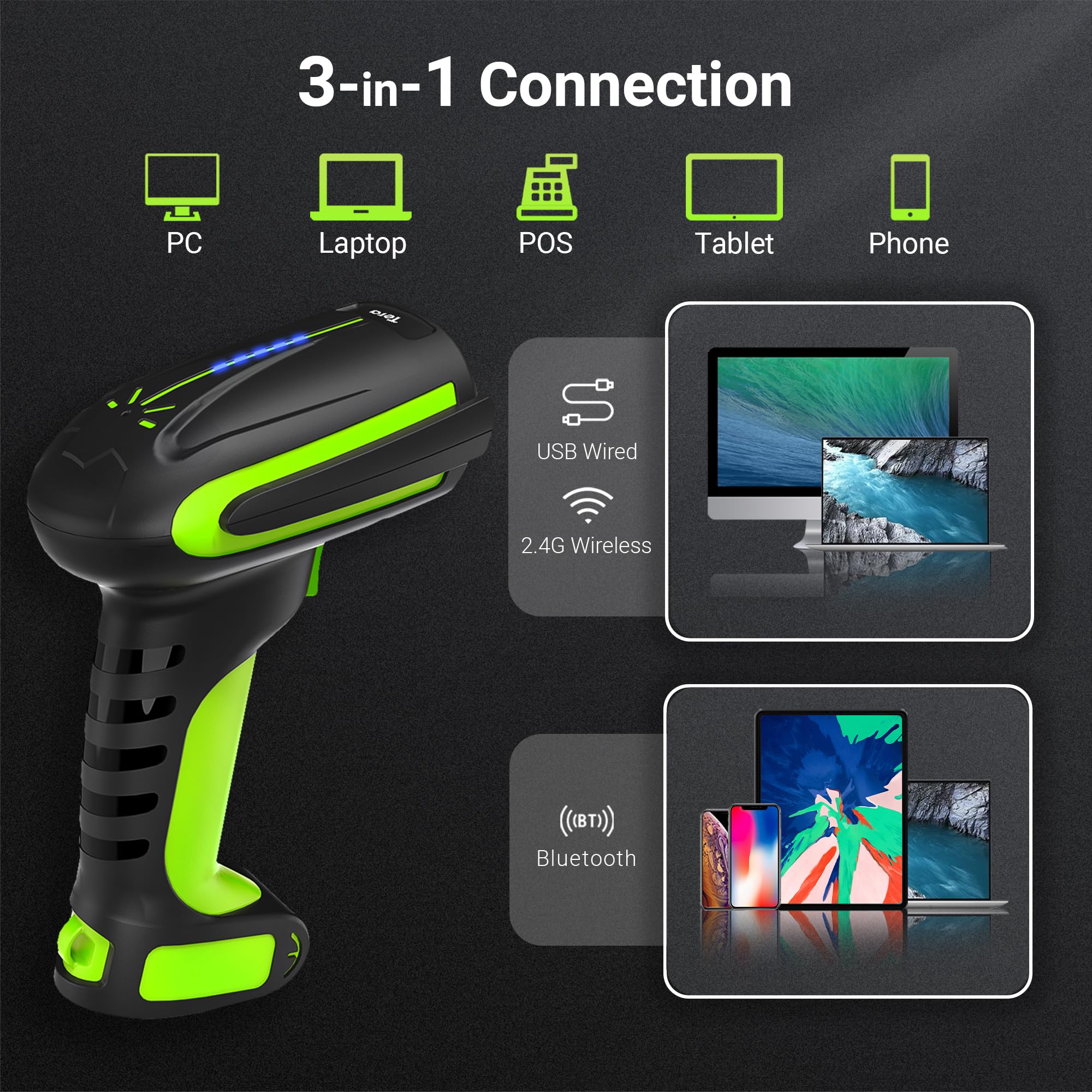 Tera Barcode Scanner Wireless 2D QR with Stand: Pro Version Battery Level Indicator 2500mAh Industrial Grade Bar Code Reader Works with Bluetooth 2.4G for Windows Mac Android iOS 8100 Pro Green