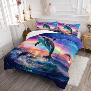 AILONEN Jumping Dolphin Comforter Set Full Size, Cartoon Dolphin Bed in a Bag for Kids Girls,Saltwater Bedding Set,Rainbow Starry Night Duvet Set,3 PCS,1 Quilt and 2 Pillowcases