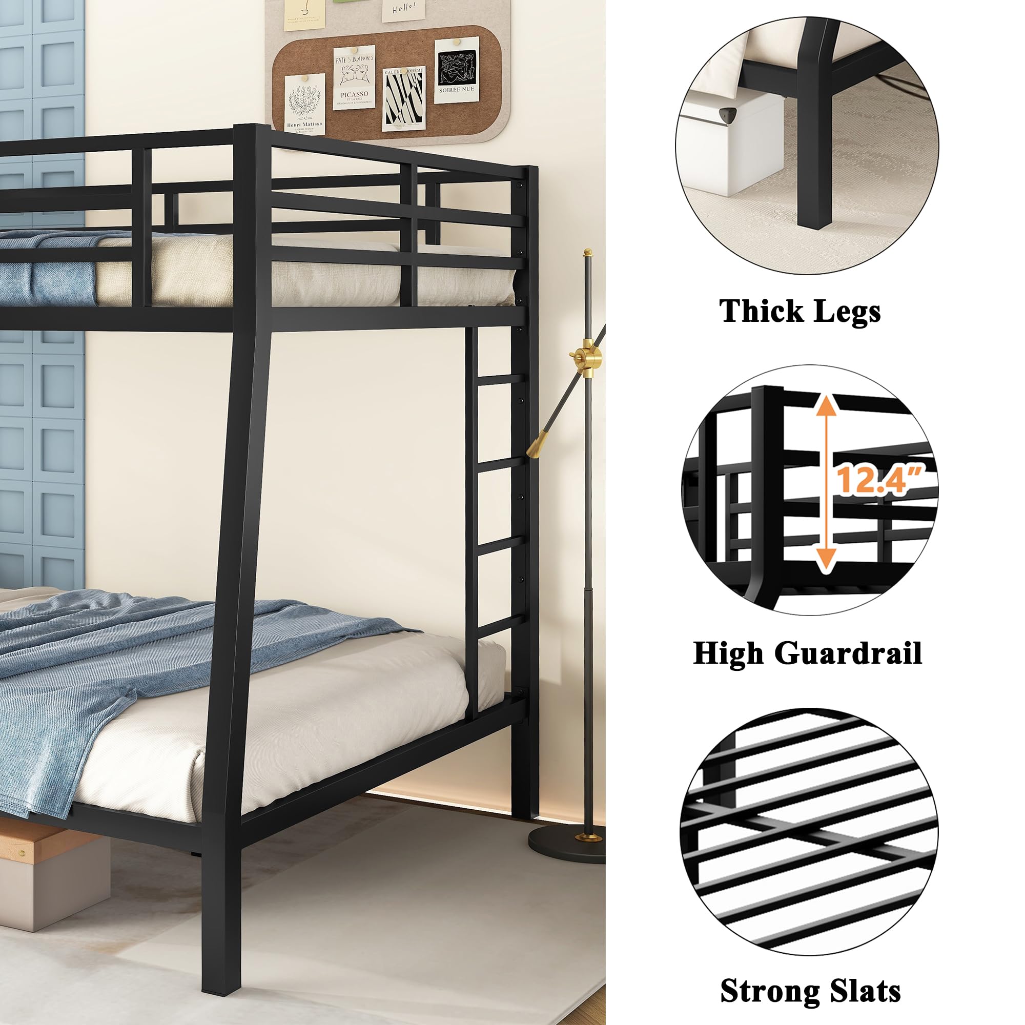 Bellemave Full XL Over Queen Metal Bunk Bed for Adults,Heavy-Duty Bunk Bed with 2 Ladders,Full Over Queen Bunk Beds,Space-Saving Bunk Bed for Kids/Teens/Adults,Noise-Free,Black