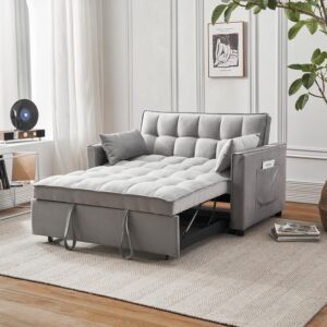 echingle 54.8'' sleeper sofa bed 3-in-1 convertible couch with pullout bed, reclining backrest, storage pockets – modern space lounge furniture for living room, includes toss pillows,grey