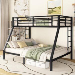 bellemave twin xl over queen metal bunk bed for kids,heavy-duty bunk bed with 2 ladders,space-saving bunk bed for teens/adults,noise-free,black