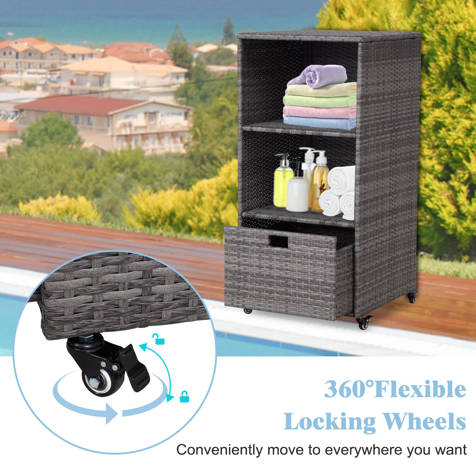 Kinpaw Outdoor Towel Cabinet with Drawer - Waterproof Storage Cabinet Organizer, Freestanding PE Rattan Wicker Shelf for Pool, Patio, Hot Tub Spa, Indoor, Smoke Grey