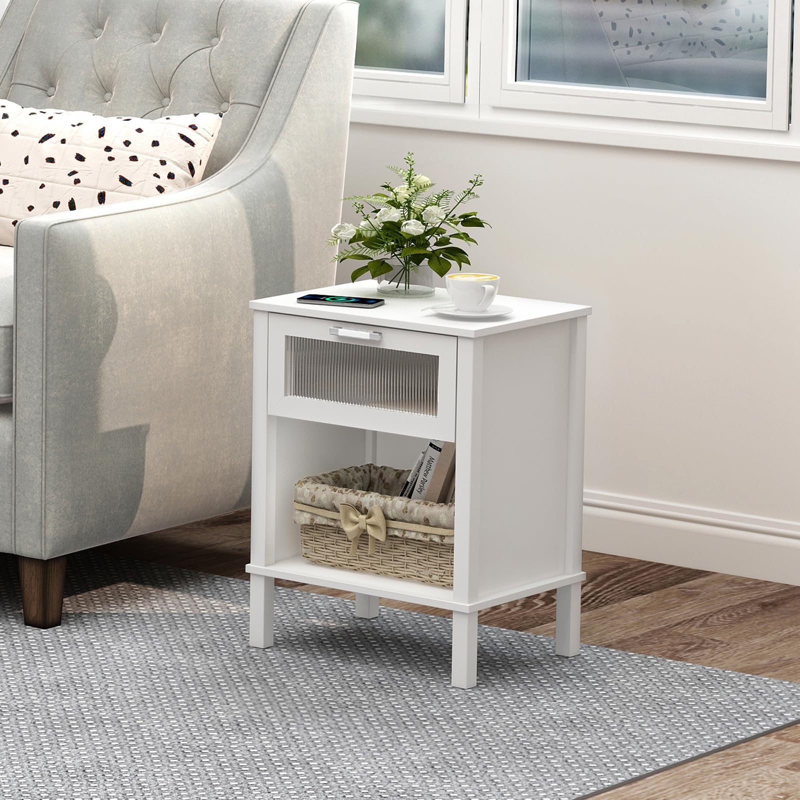 YAUKOMEL Small White Nightstand, End Table with Drawer, Bed Side Table,Nightstand with Acrylic Drawer for Living Room, Bedroom,Small Space White CTG67W