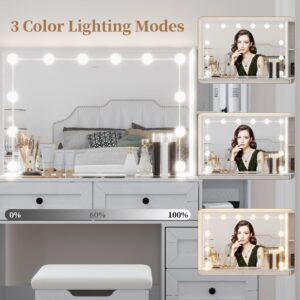 Diwnnue Farmhouse Mirror Large Vanity Desk with LED Bulbs, Makeup Vanity Table Set with Glass Tabletop, Charging Station & Power Outlet, Adjustable Lighting Modes, Bedroom, White