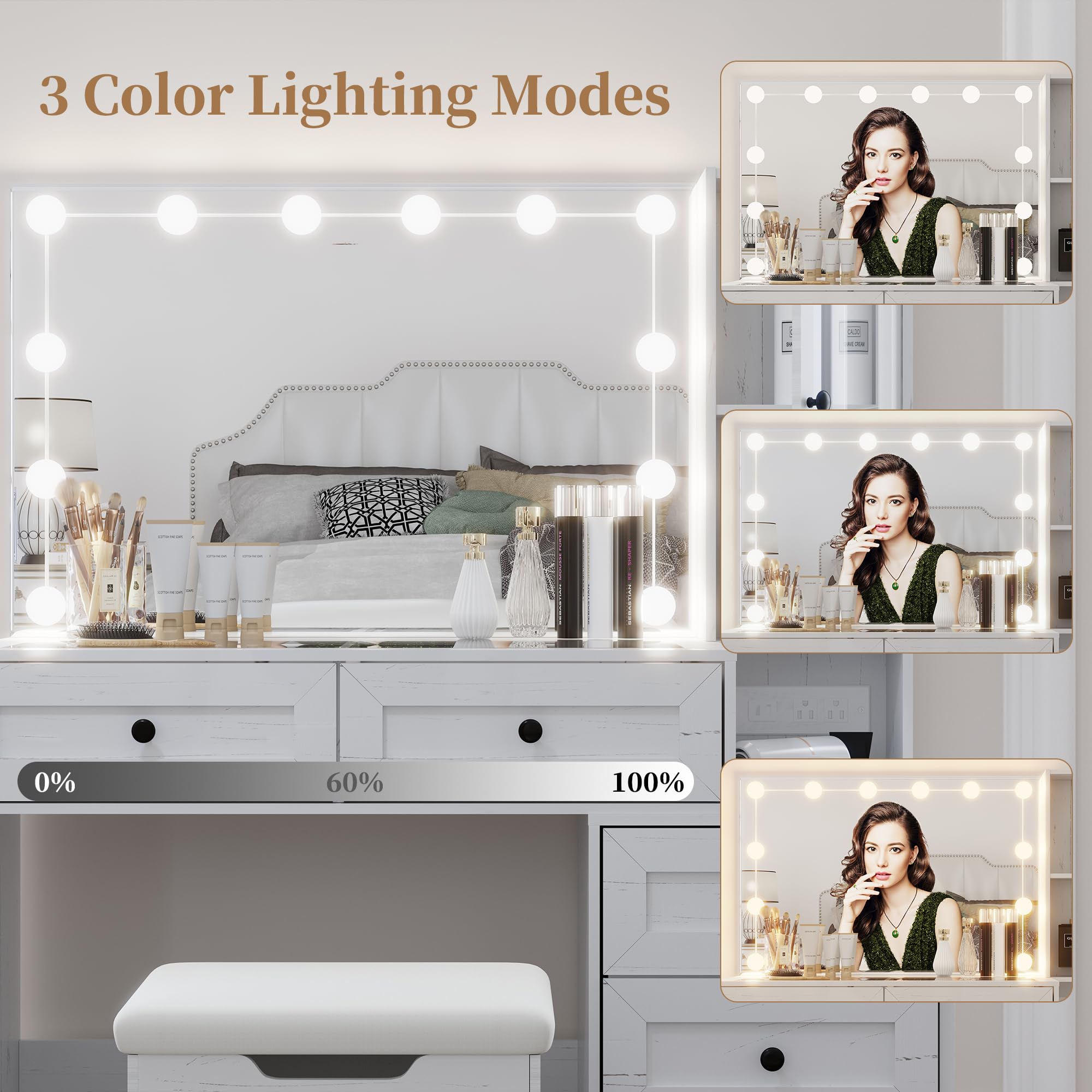 Diwnnue Farmhouse Mirror Large Vanity Desk with LED Bulbs, Makeup Vanity Table Set with Glass Tabletop, Charging Station & Power Outlet, Adjustable Lighting Modes, Bedroom, White