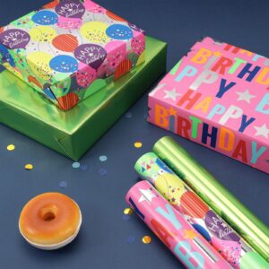 BIOBROWN Birthday Wrapping Paper - 30 Inch X 10 Feet (3 Rolls: 75 sq. ft. ttl.) - Balloons & Neon Green Design Perfect for Birthday, Party, Baby Shower, Christmas, Gift Wrap