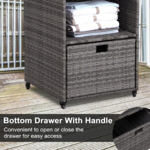 Kinpaw Outdoor Towel Cabinet with Drawer - Waterproof Storage Cabinet Organizer, Freestanding PE Rattan Wicker Shelf for Pool, Patio, Hot Tub Spa, Indoor, Smoke Grey