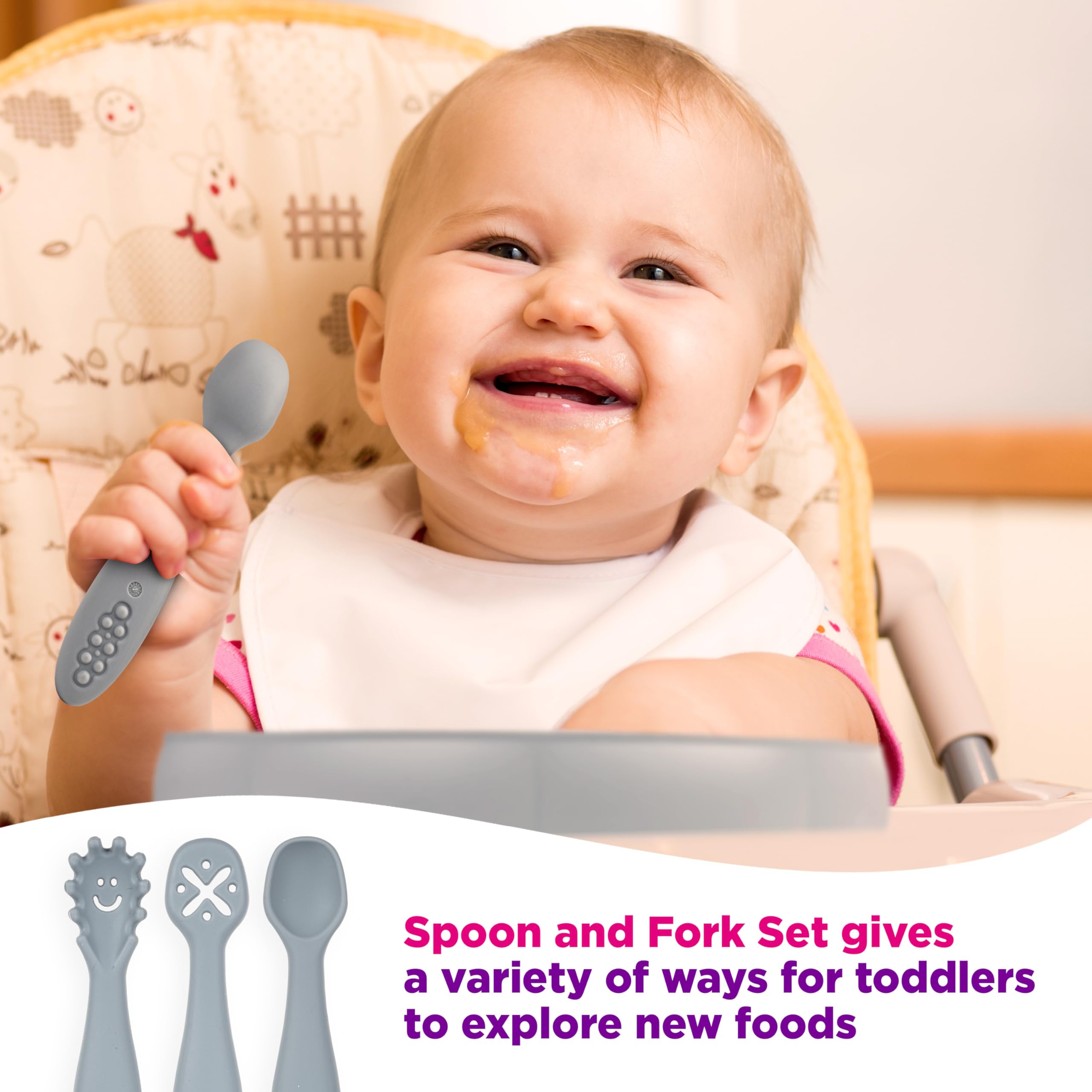 Modern Legacy Home Silicone Toddler Fork and Spoon Utensils, Baby Led Weaning (BLW) Eating Essentials, Kids Self Feeding Set (Cream), CTL5038-17