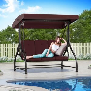 3-Seat Patio Swing Chair Outdoor Porch Swing with Adjustable Canopy, Patio Swings Glider with Removable Cushion for Porch, Backyard, Garden, Poolside, Balcony - Brown