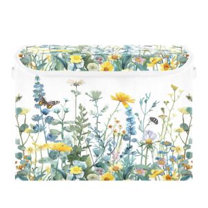 wassud storage bins with lids spring floral collapsible stackable fabric linen baskets closet organizer container,16.5"x12.6"x11.8"