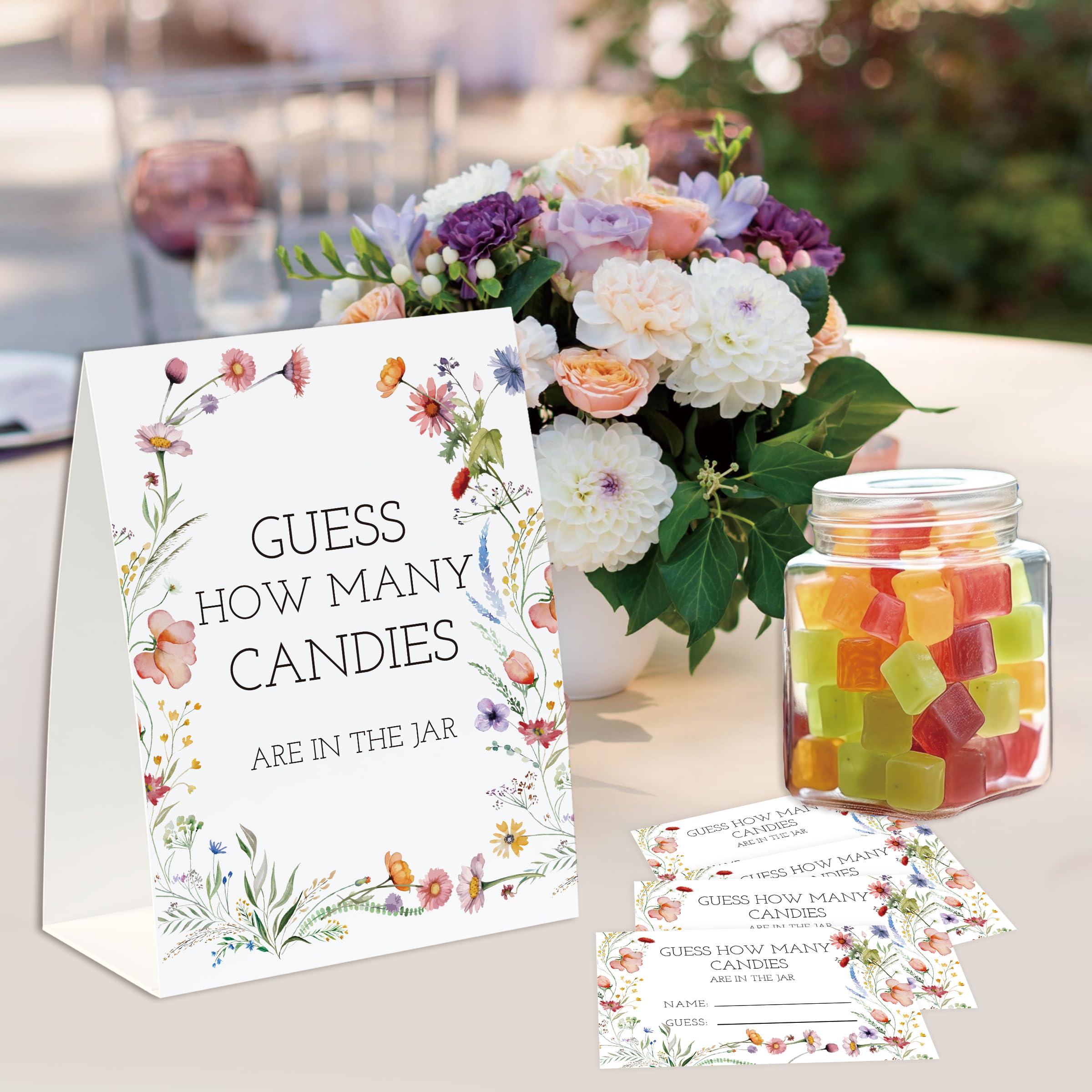 UHADRE Guess How Many Candies Game(One Sign with 50 Cards),Baby Shower Game, Bridal Shower Game, Floral Bridal Shower, How Many Cards, Candy Guessing Game Sign and Cards Set-GCD14