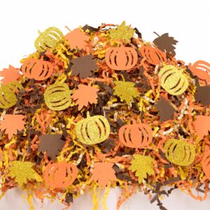 paper fair 1 lb harvest crinkle cut paper shred filler w/pumpkin leaf confetti, chocolate brown/orange/yellow fall leaves raffia tissue craft bedding cushion for thanksgiving