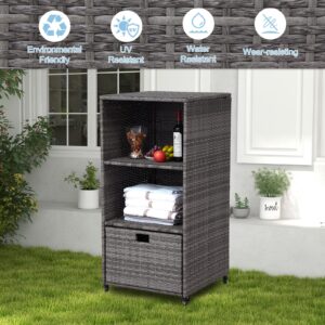 Kinpaw Outdoor Towel Cabinet with Drawer - Waterproof Storage Cabinet Organizer, Freestanding PE Rattan Wicker Shelf for Pool, Patio, Hot Tub Spa, Indoor, Smoke Grey