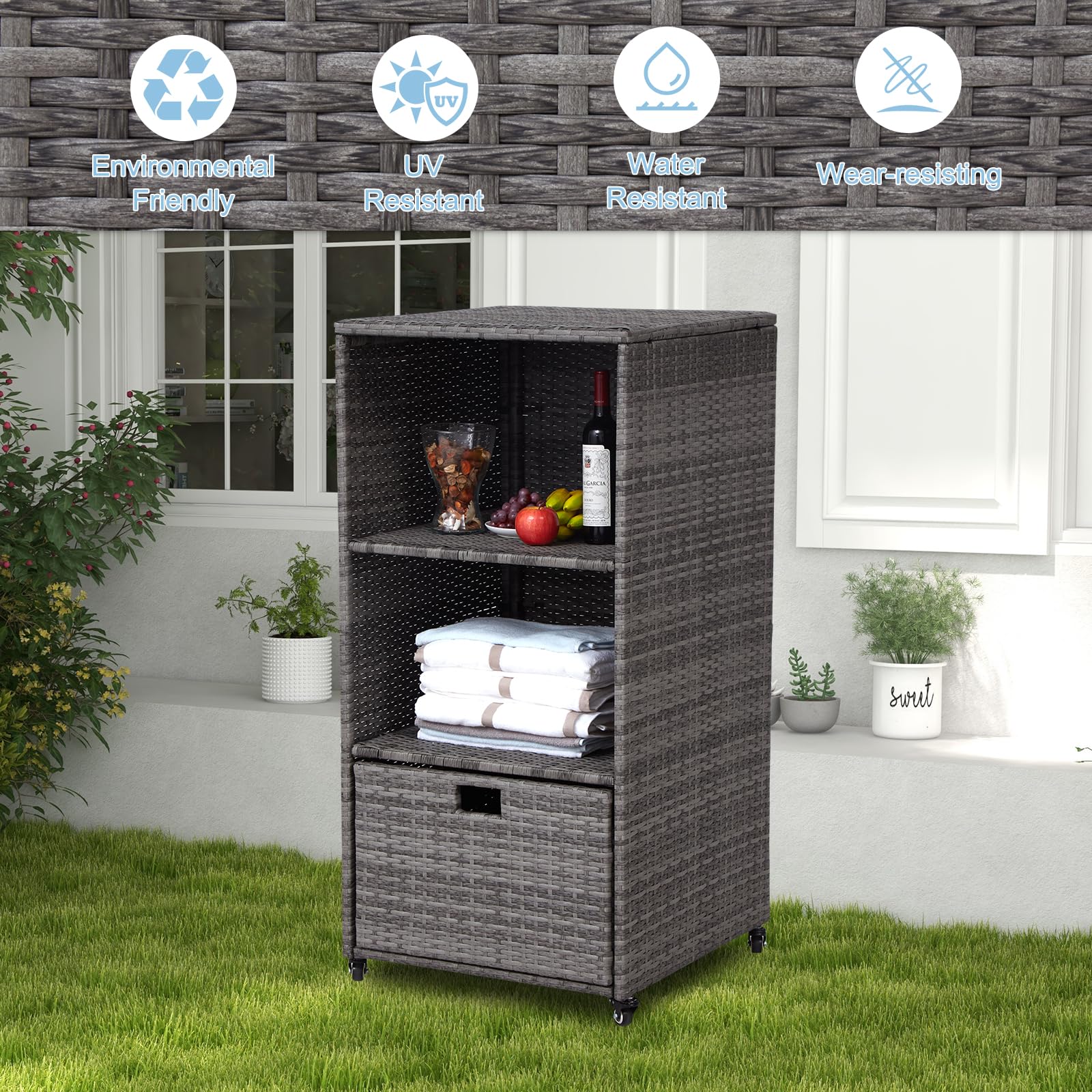 Kinpaw Outdoor Towel Cabinet with Drawer - Waterproof Storage Cabinet Organizer, Freestanding PE Rattan Wicker Shelf for Pool, Patio, Hot Tub Spa, Indoor, Smoke Grey