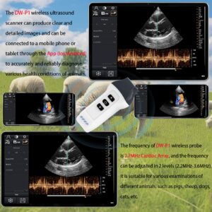 DAWEIanimed Wireless Color Doppler Ultrasound Machine 2.7MHZ Phased Probe, Wireless Ultrasound Machine for Android and iOS, Handheld Ultrasound Scanner for Dog, Pig, Sheep, Cat