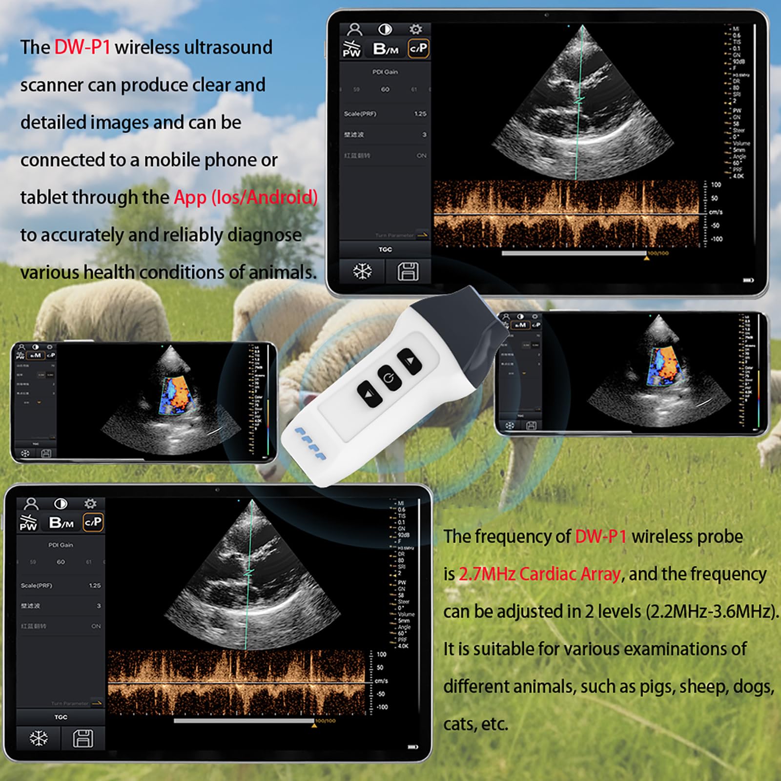 DAWEIanimed Wireless Color Doppler Ultrasound Machine 2.7MHZ Phased Probe, Wireless Ultrasound Machine for Android and iOS, Handheld Ultrasound Scanner for Dog, Pig, Sheep, Cat