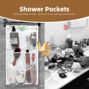 EMLTHORY 2PCS Mesh Shower Organizer Hanging,Shower Curtain Liner Pockets Hanging Shower Organizer with Pockets Quick Dry Cruise RV Camper Bathroom Organizer with Shower Curtain Hooks