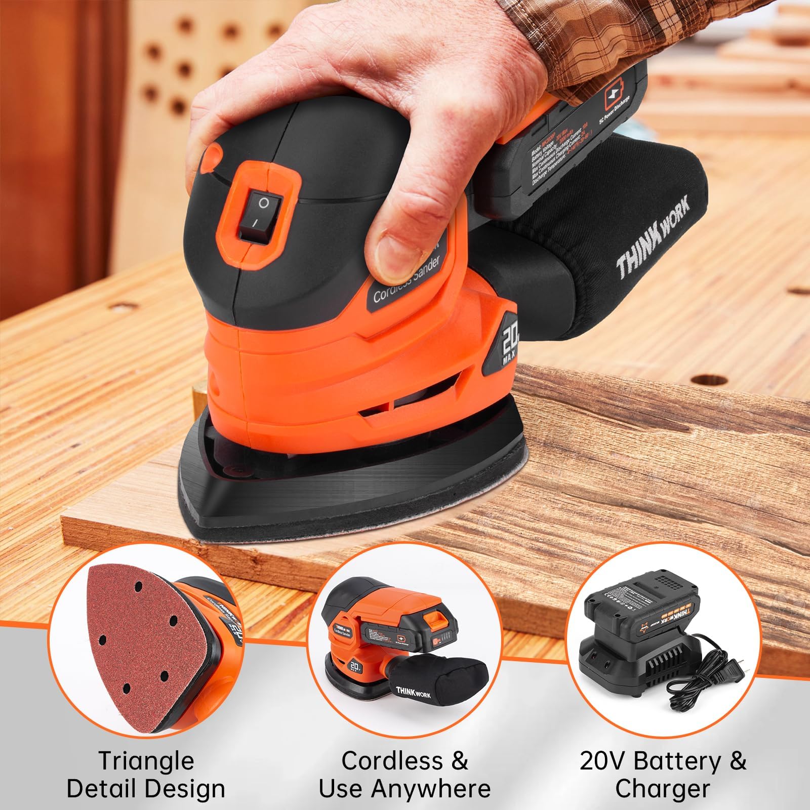 THINKWORK Cordless Detail Sander - 20V Electric Sander Tool with 21Pcs Sandpapers, 12000 OPM Power Sander with Dust Collection, Battery, Charger, Bag, Compact Hand Sanders for Woodworking,Sanding