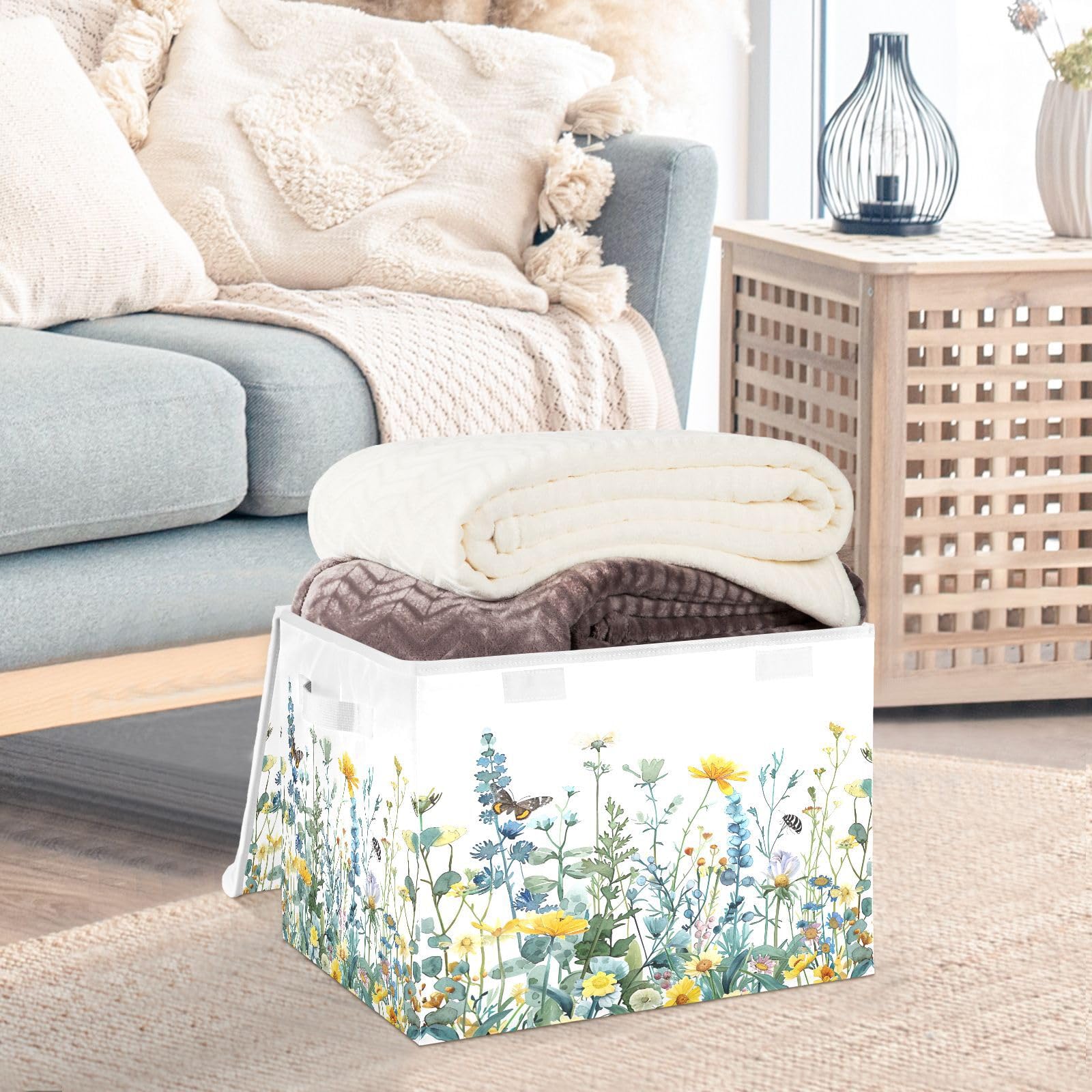 Wassud Storage Bins with Lids Spring Floral Collapsible Stackable Fabric Linen Baskets Closet Organizer Container,16.5"x12.6"x11.8"