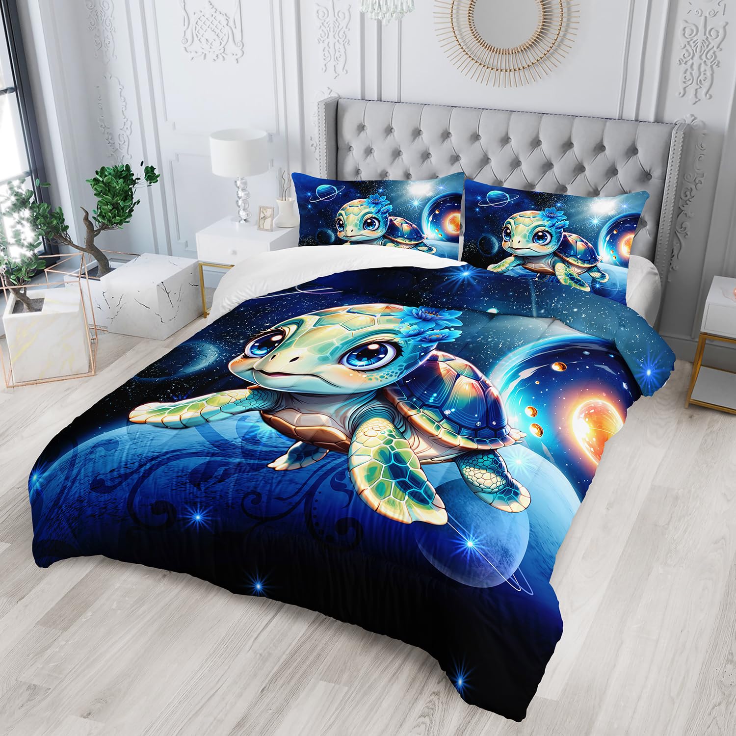 AILONEN 3D Sea Turtle Comforter Set Full Size, Cute Turtle Blue Space Galaxy Planet Bedding Set for Room Decor,Kawaii Kids Boys Girls Ocean Turtle Quilt with 2 Pillowcases,3 Pieces