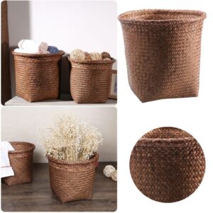 DGMIOCS 9.5 Inch Trash Can Basket Woven Waste Wastebasket, Woven Storage Basket Garbage Rattan Bedroom Bathroom Straw Kitchen Small Office Rubbish Cans (2 PCS)